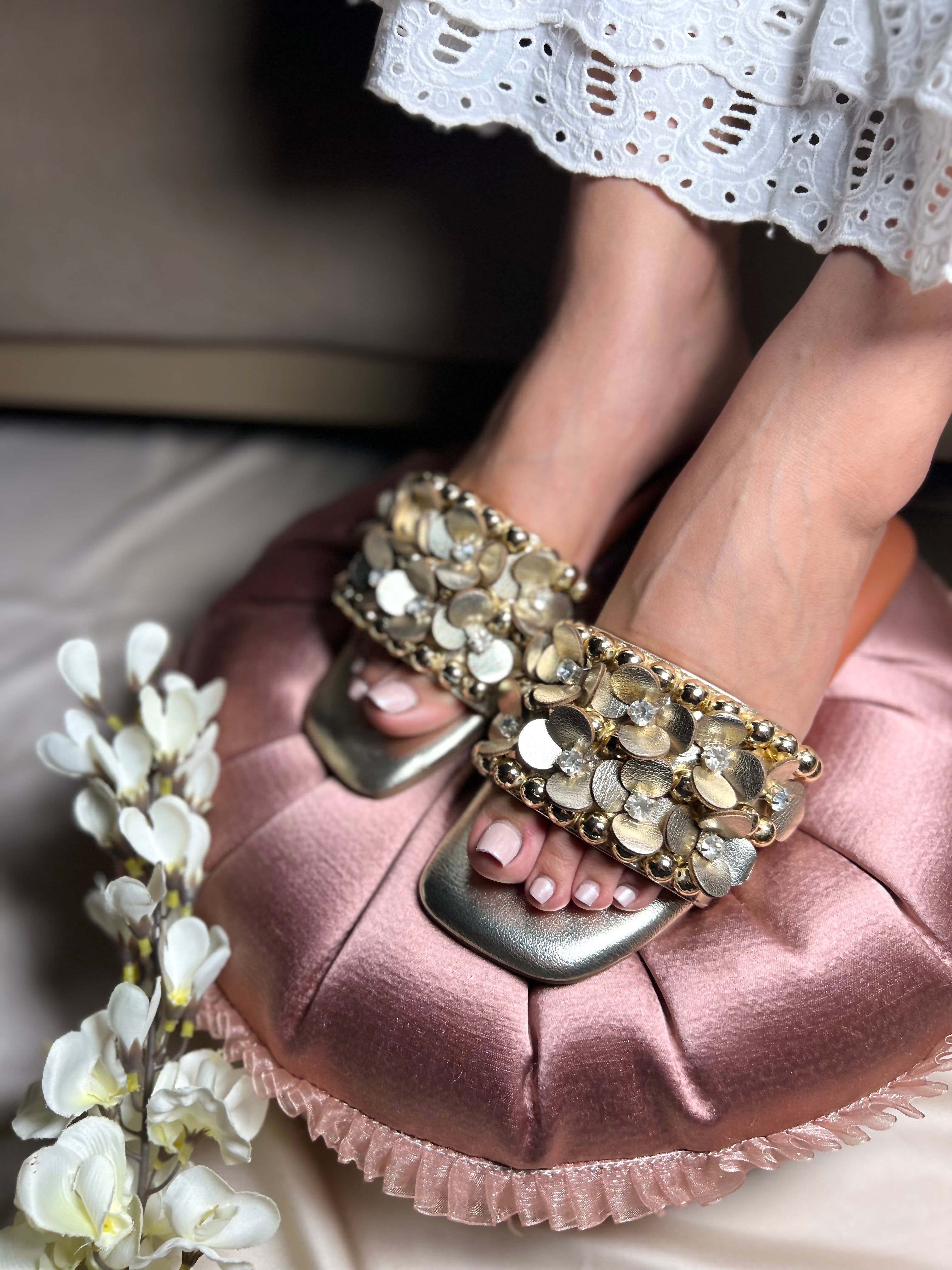 Golden 3D Flower Embellished Flats Sandal Stories