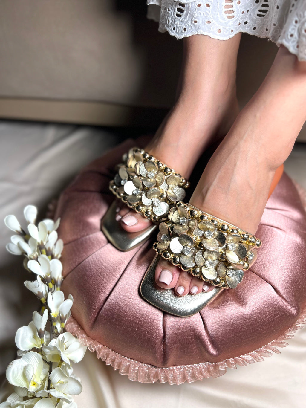 Golden 3D Flower Embellished Flats Sandal Stories